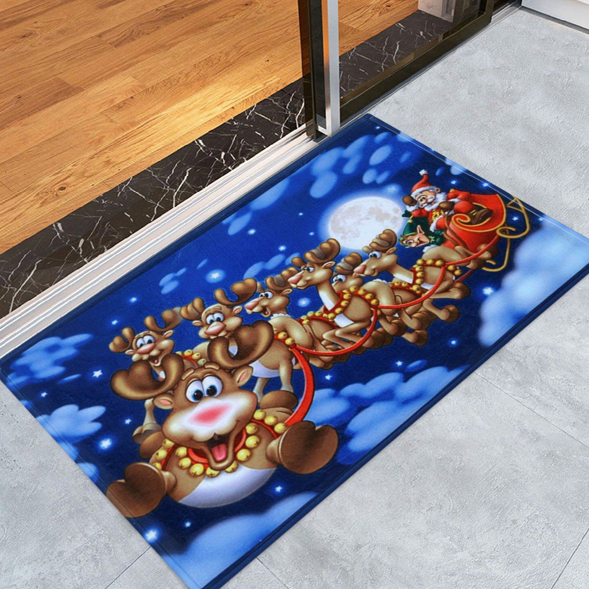 

Santa Sleigh Print Nonslip Coral Fleece Christmas Bath Rug, Blue