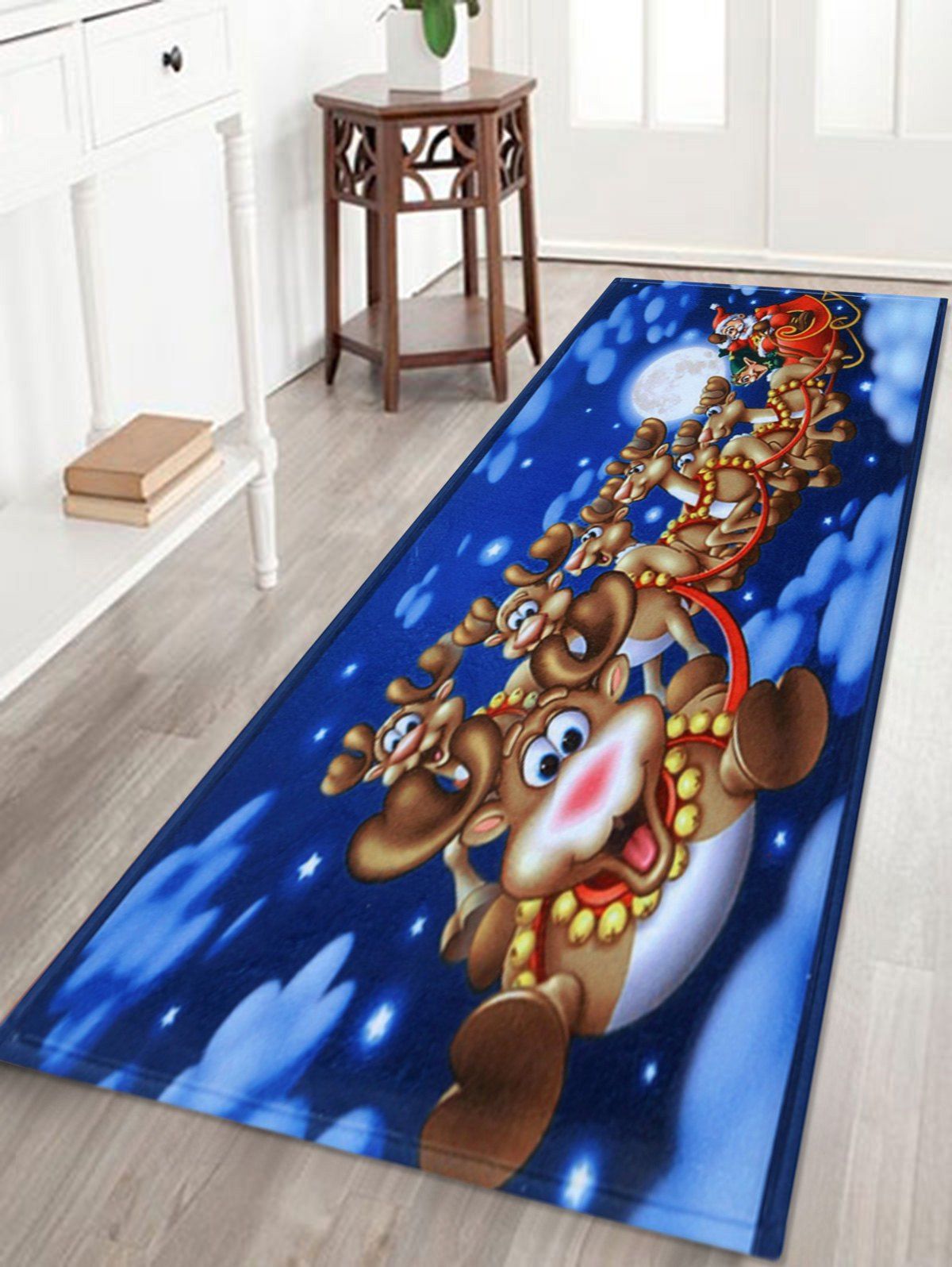 

Santa Sleigh Print Nonslip Coral Fleece Christmas Bath Rug, Blue