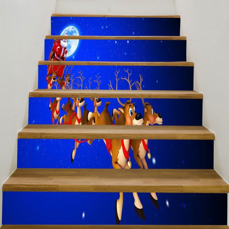 

Starry Moon Night Christmas Sleigh Patterned Stair Stickers, Blue and red