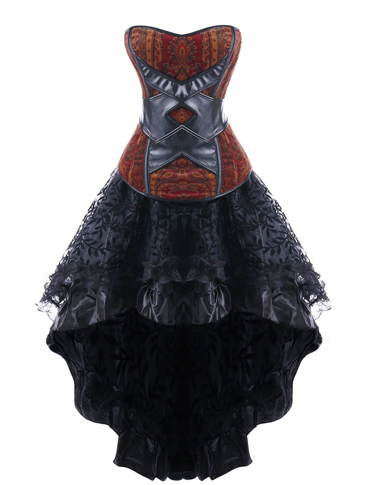 

Skull PU Insert High Low Strapless Corset Dress, Black