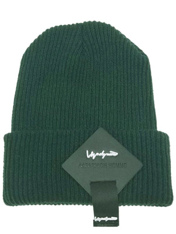

Outdoor Square Letter Label Decorated Flanging Knitted Beanie, Green