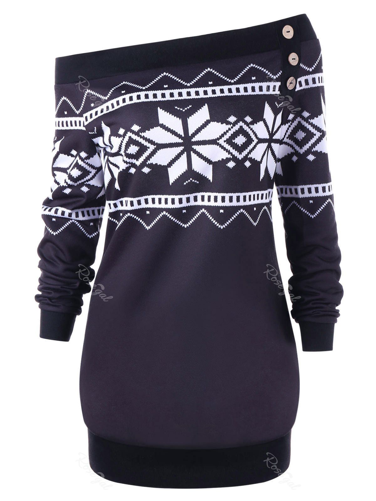 

Plus Size Pullover Snowflake Geometric Skew Neck Sweatshirt, Black