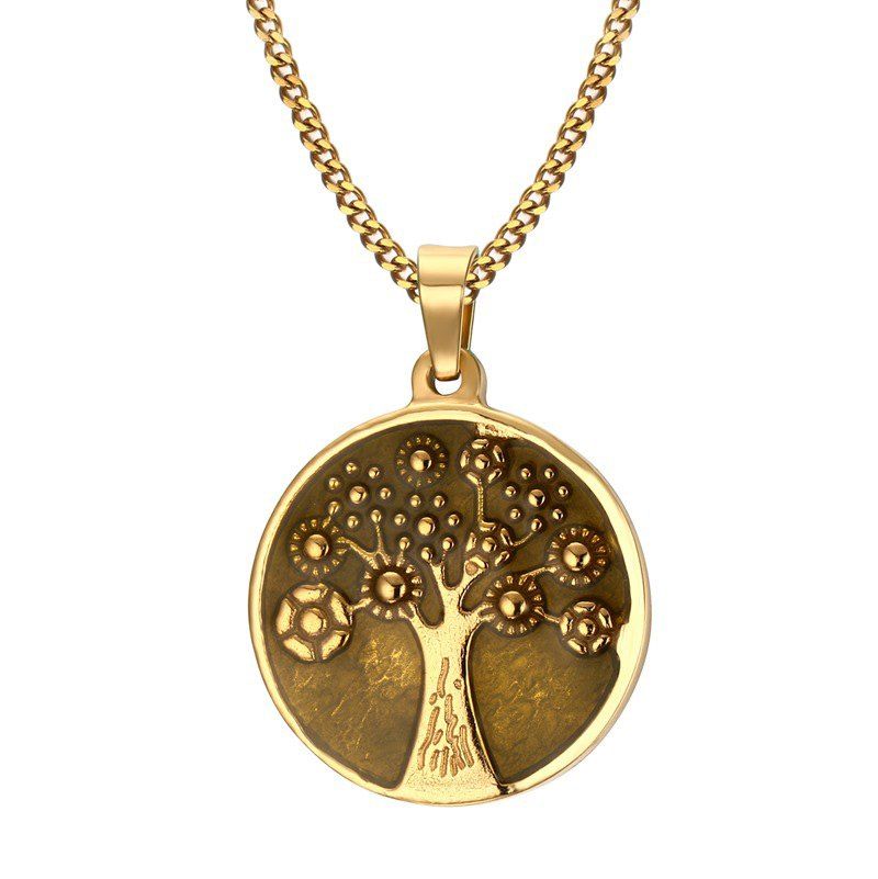 

Stainless Steel Engraved Tree of Life Round Necklace, Golden