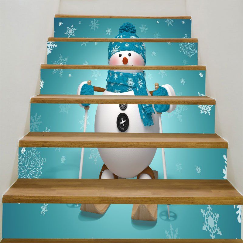 

Skiing Christmas Snowman Printed Decorative Stair Stickers, Blue green
