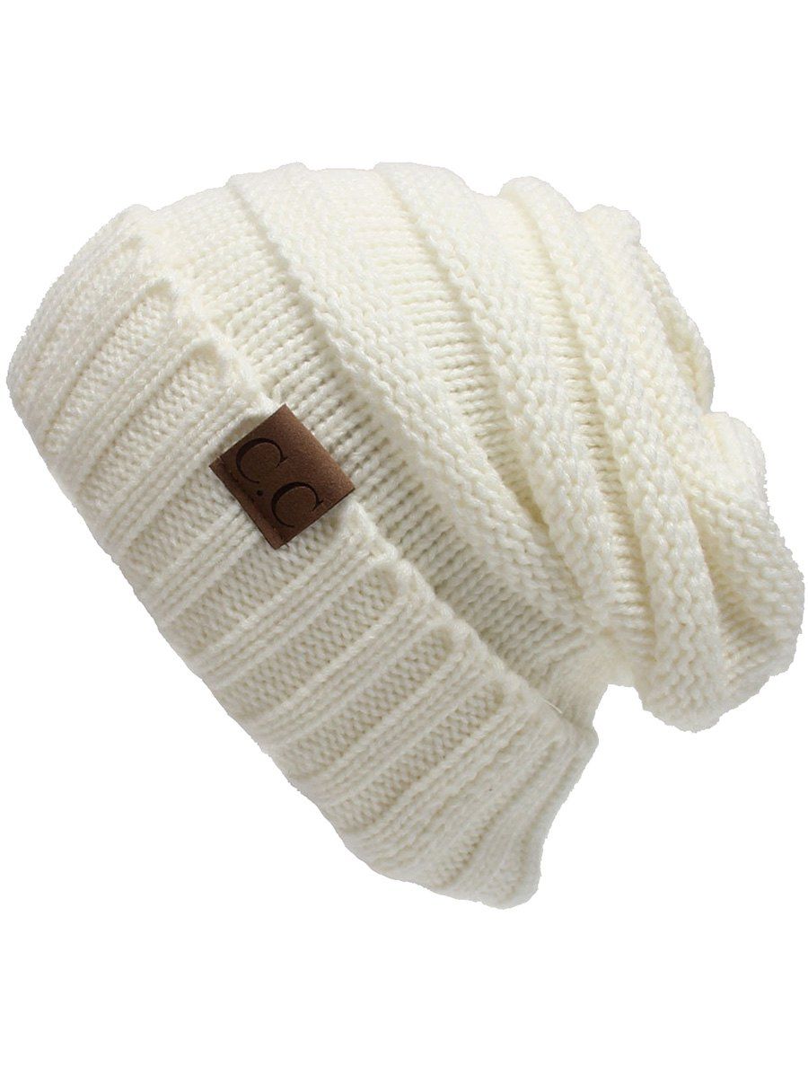 

Outdoor CC Label Decorated Flanging Knitted Beanie, White
