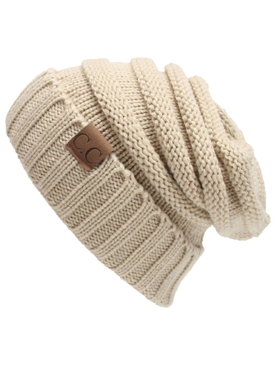

Outdoor CC Label Decorated Flanging Knitted Beanie, Beige