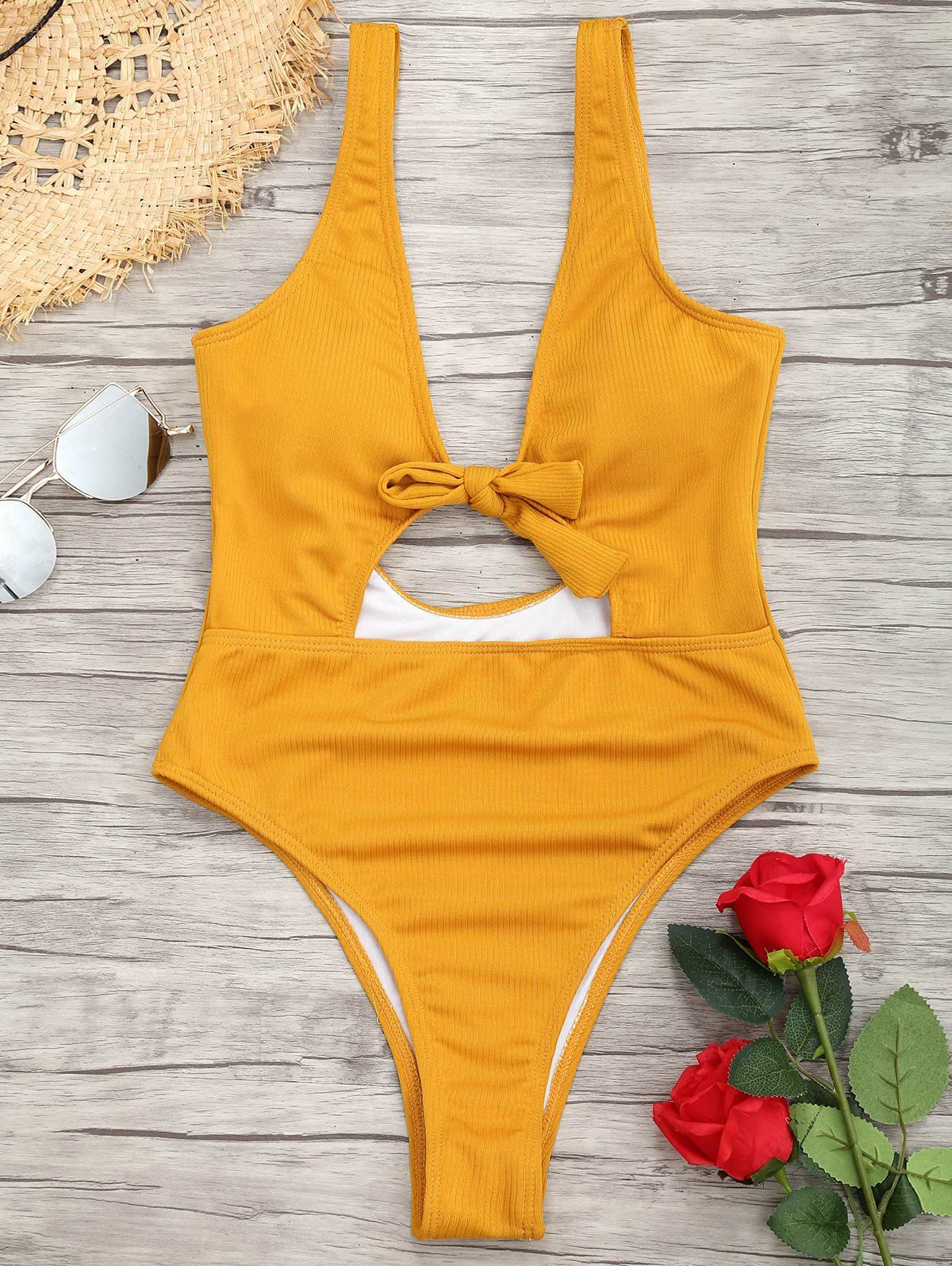

One Piece Ribbed Knot Backless Swimsuit, Mustard