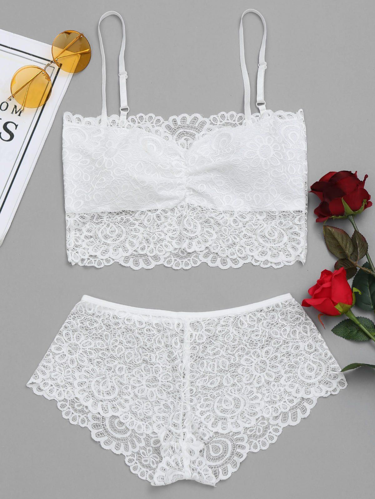 

Crochet Sheer Lace Bra and Panties Set, White