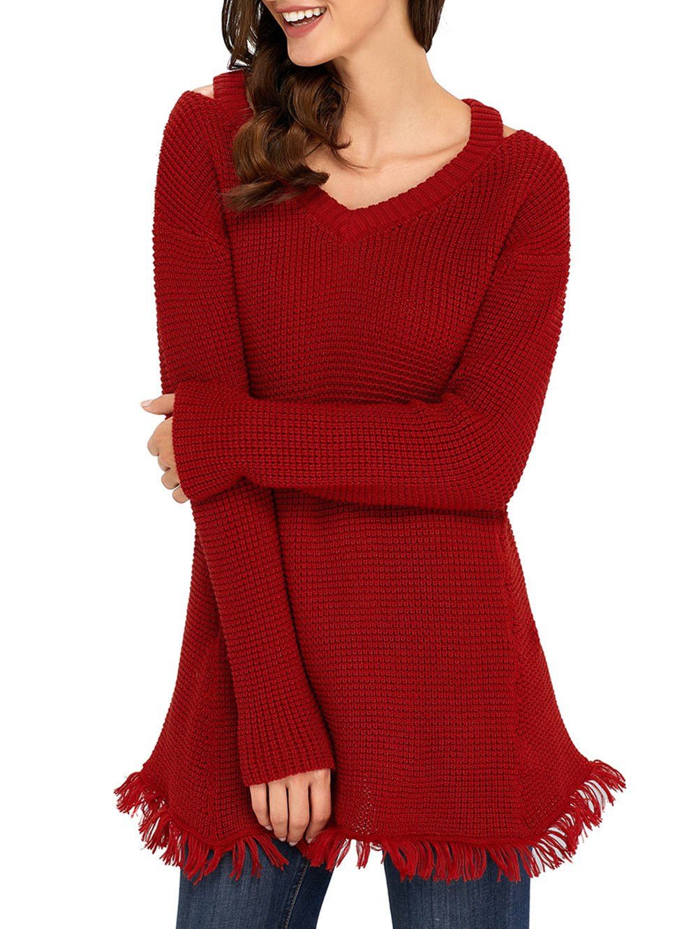 

Frayed Hem V Neck Cut Out Tunic Sweater, Red