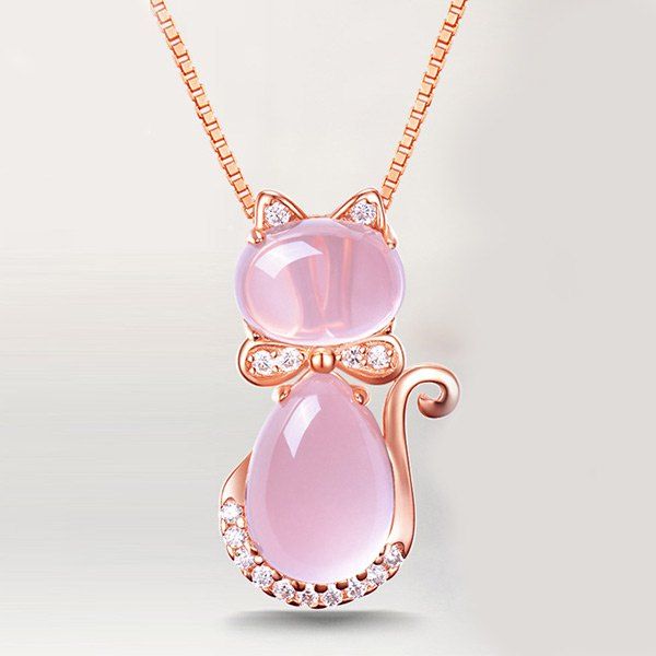 

Faux Opal Rhinestone Kitten Collarbone Necklace, Pink