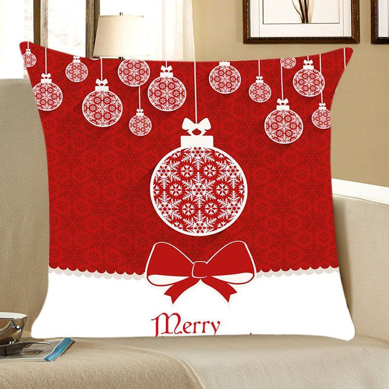 

Christmas Balls Patterned Linen Throw Pillow Case, Red and white