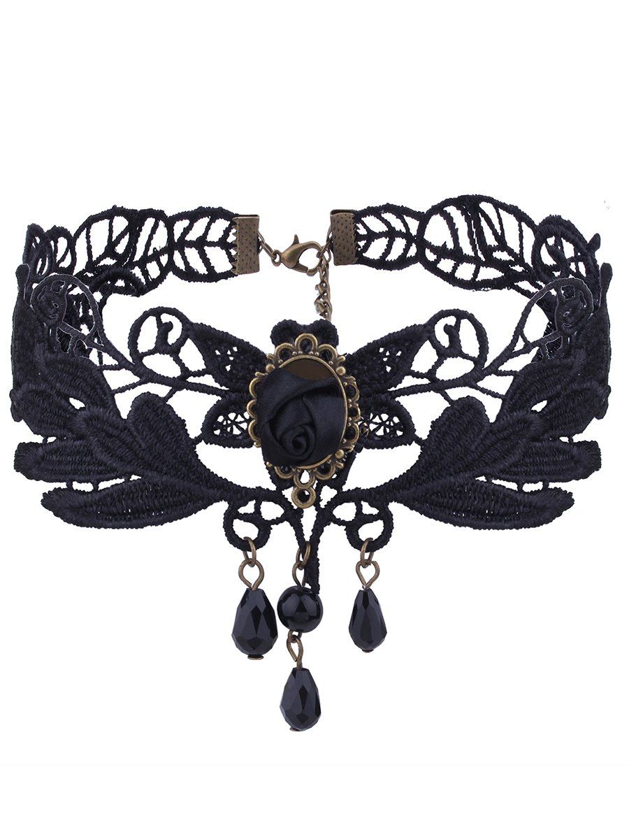 

Vintage Rose Flower Leaf Knitted Choker Necklace, Black