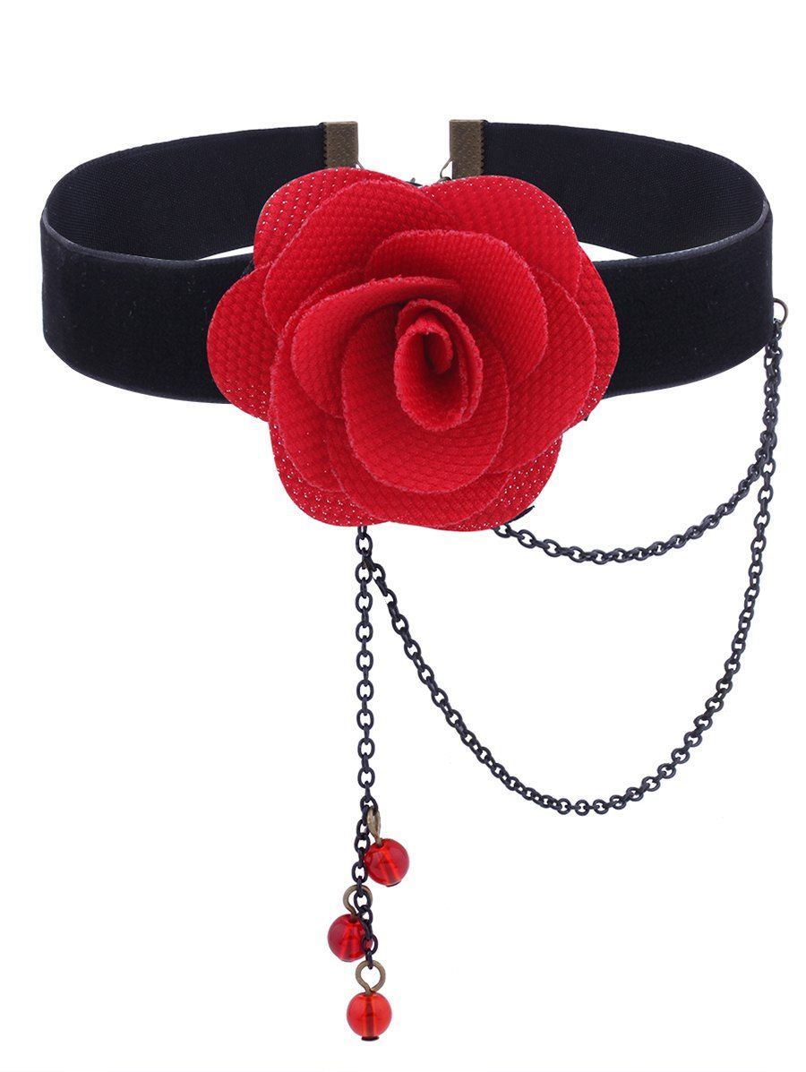 

Gothic Teardrop Flower Chain Velvet Choker Necklace, Red