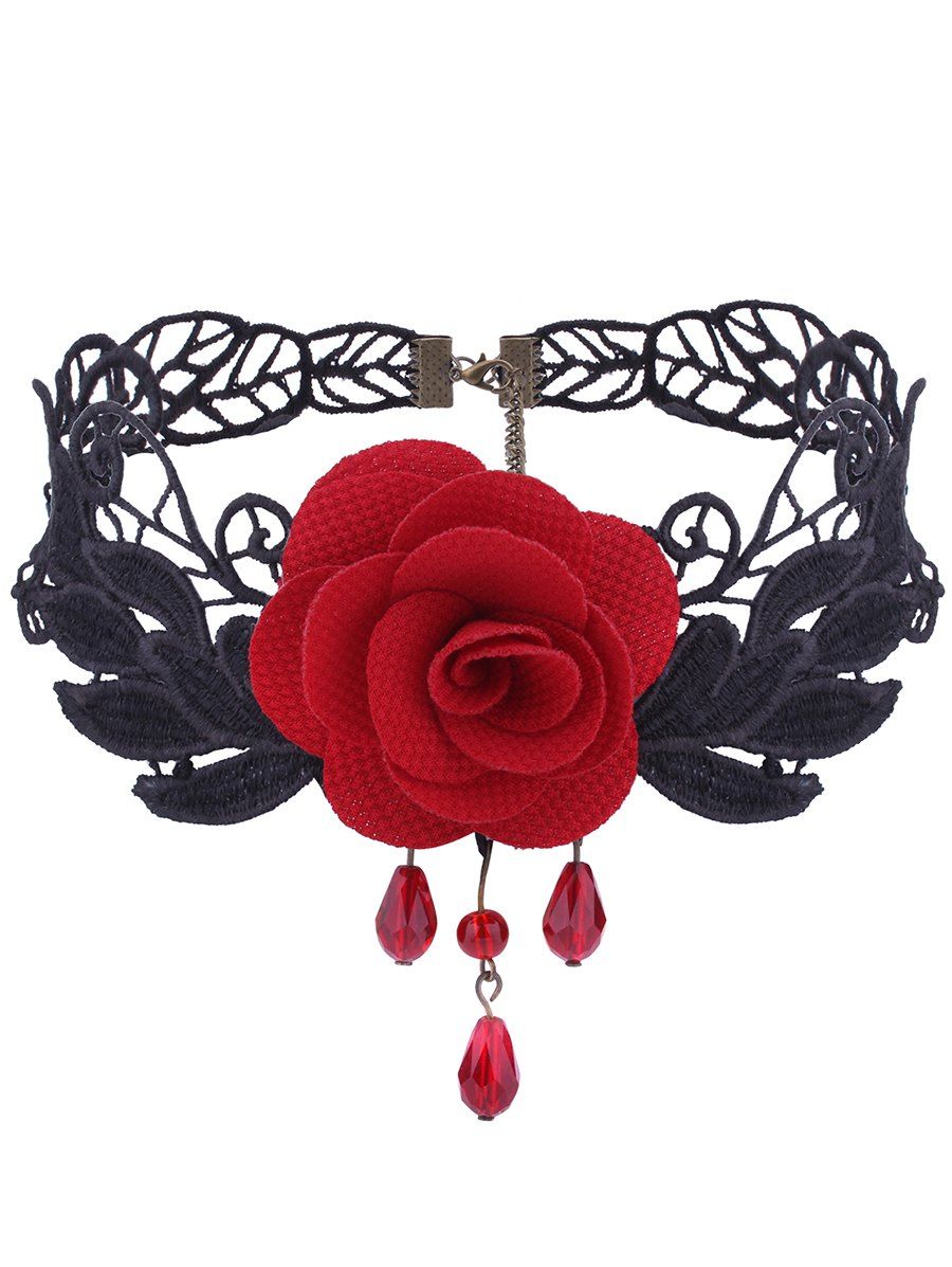 

Gothic Knitted Leaf Flower Choker Necklace, Red