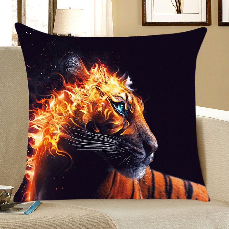 

Burning Tiger Patterned Linen Throw Pillow Case, Black and orange
