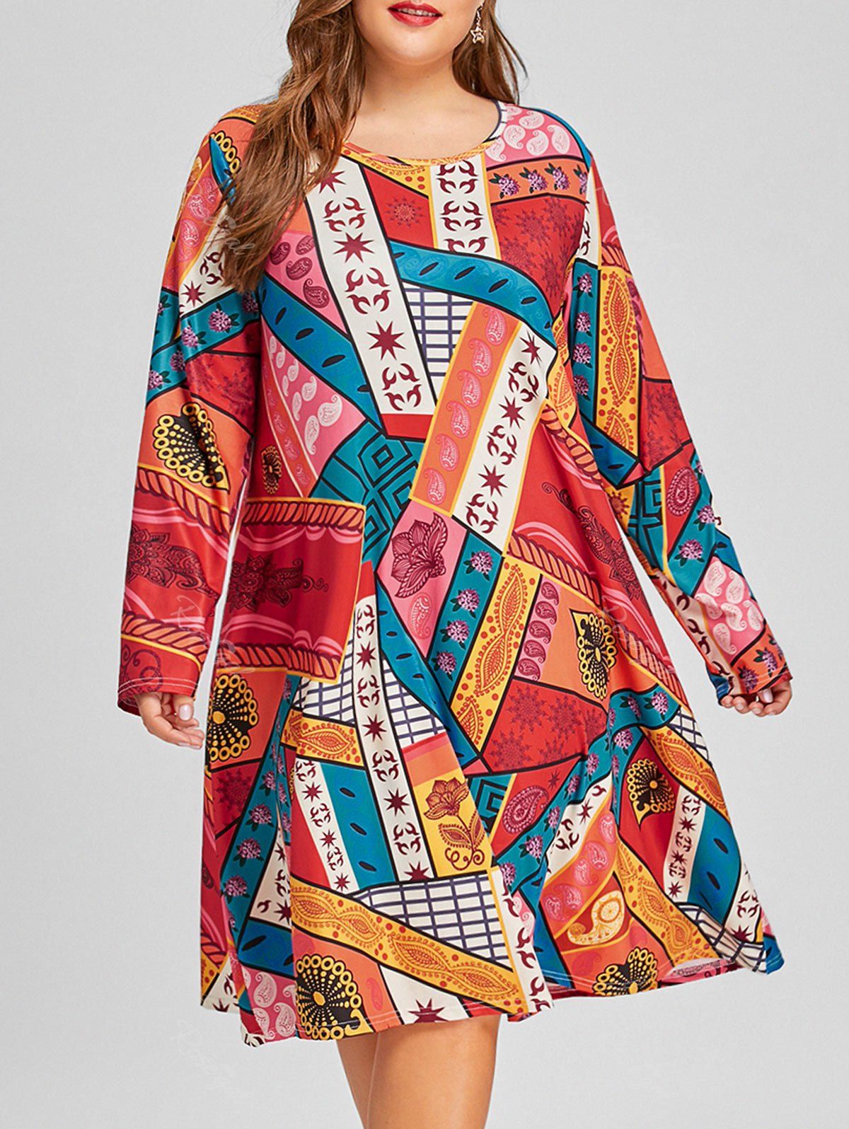 

Ethnic Geometric Plus Size Tunic Dress, Colormix