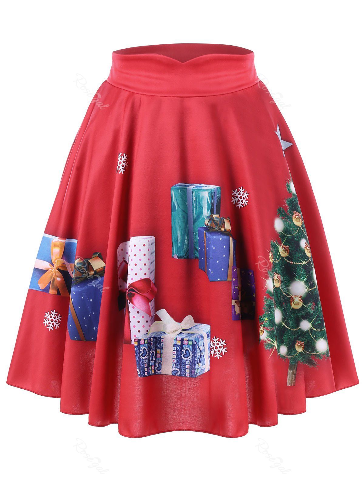 

Plus Size Christmas Tree and Gift Print Flared Skirt, Red