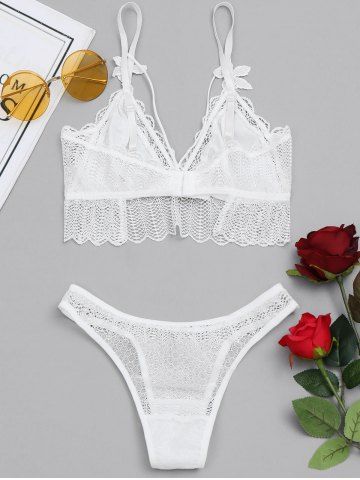 

Flounce Sheer Caged Lace Bra and Thong Set, White