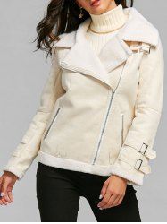 Oblique Zipper Lapel Faux Shearling Coat -  