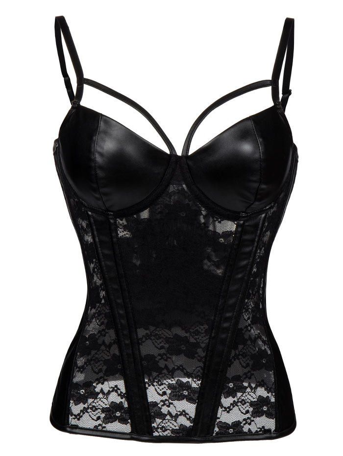 

Faux Leather Lace Insert Garter Corset, Black