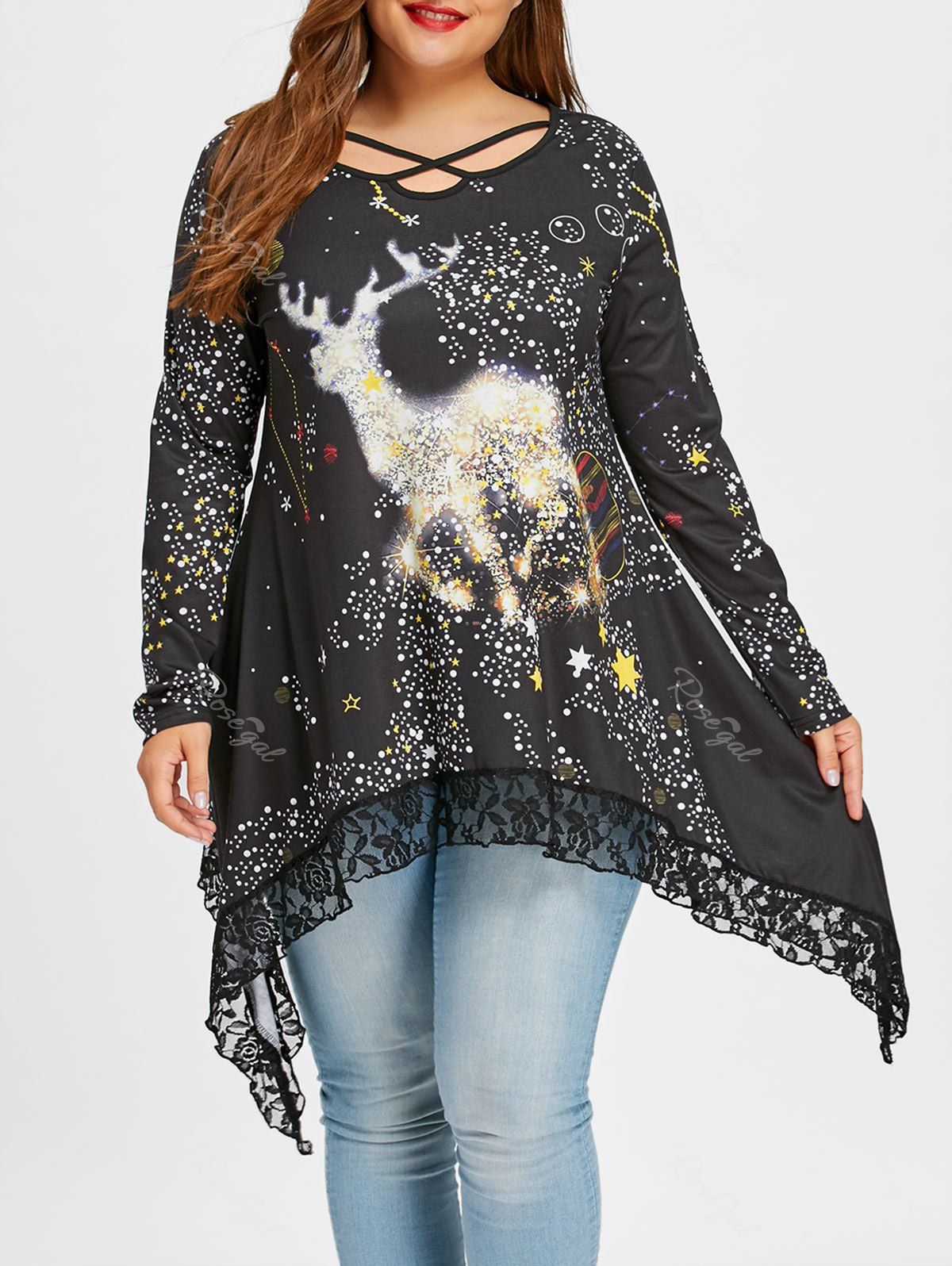 

Plus Size Reindeer Galaxy Lace Hem Tunic Top, Black