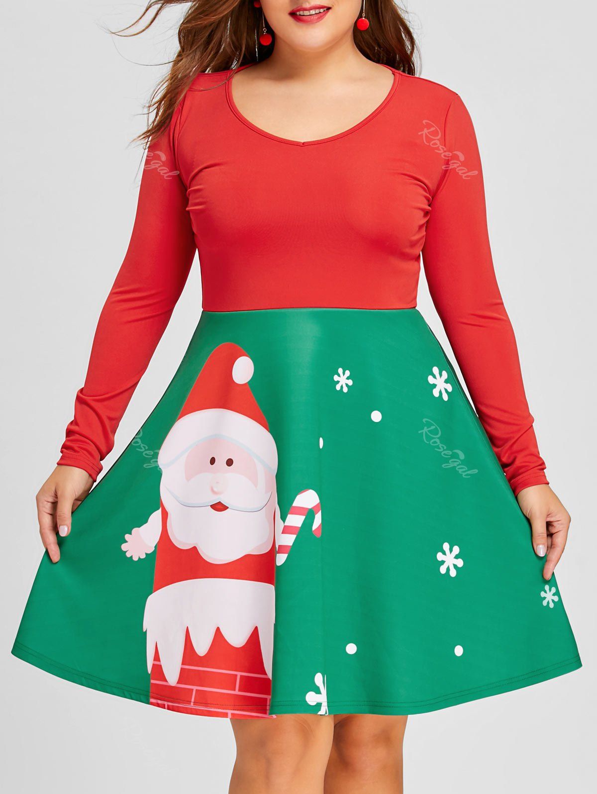 

Plus Size Christmas Long Sleeve Santa Print Dress, Red and green