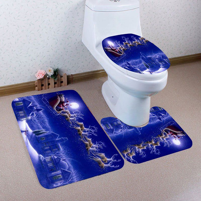 

3Pcs Moonlight Christmas Carriage Pattern Bath Toilet Mats Set, Blue