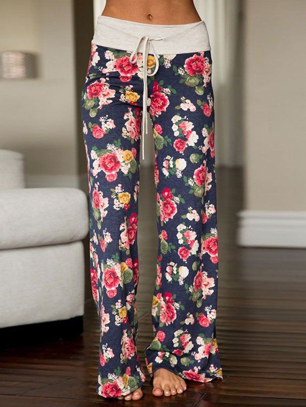 

Floral Drawstring Casual Wide Leg Pants, Blue