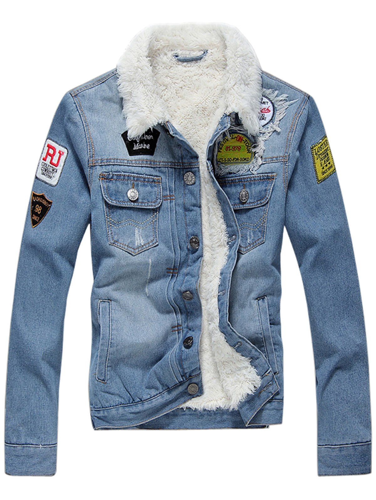 

Chest Pocket Patched Flocking Denim Jacket, Light blue