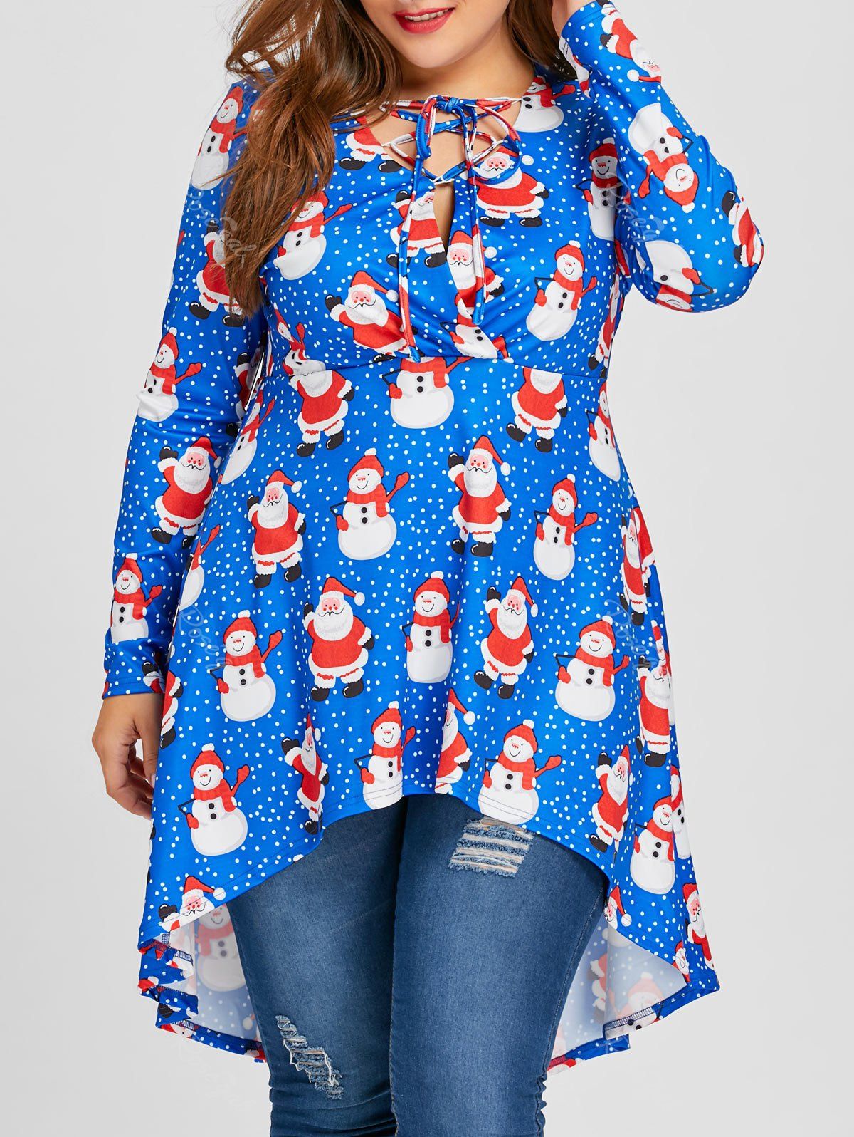 

Plus Size Christmas Snowman and Santa Print Lace Up Long Top, Blue