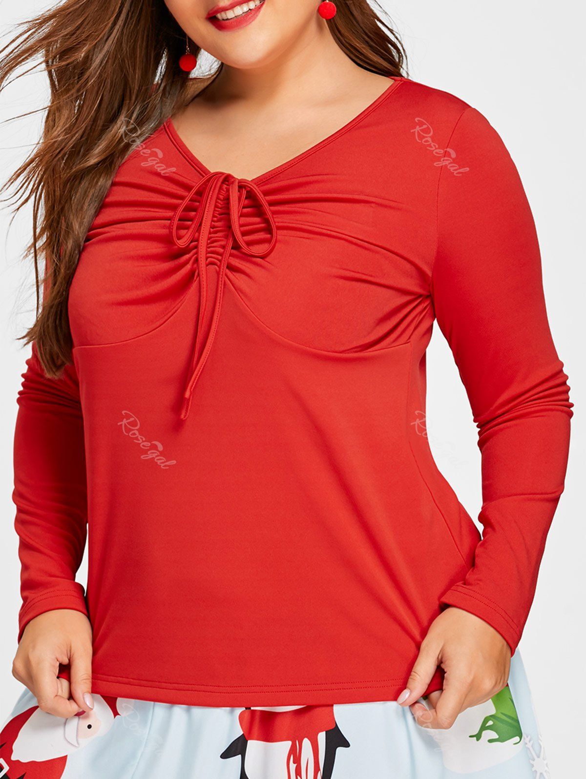 

Plus Size Ruched Long Sleeve T-shirt, Red