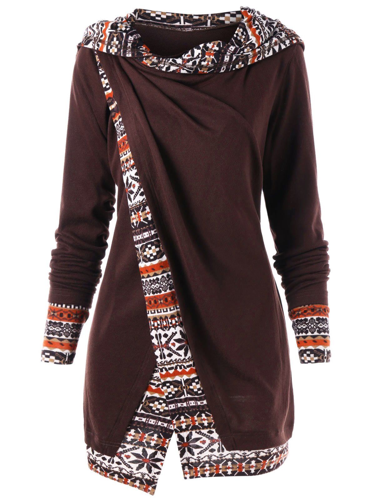 

Printed Hem Overlap Tunic Hoodie, Deep brown