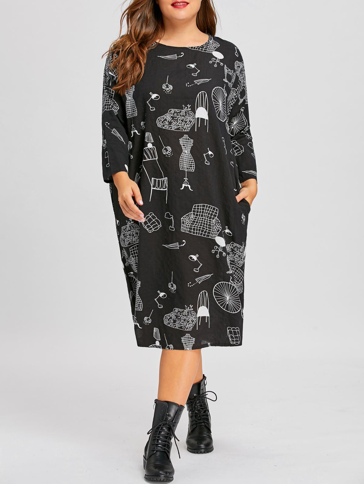 

Plus Size Graphic Loose Midi Tunic Dress, Black