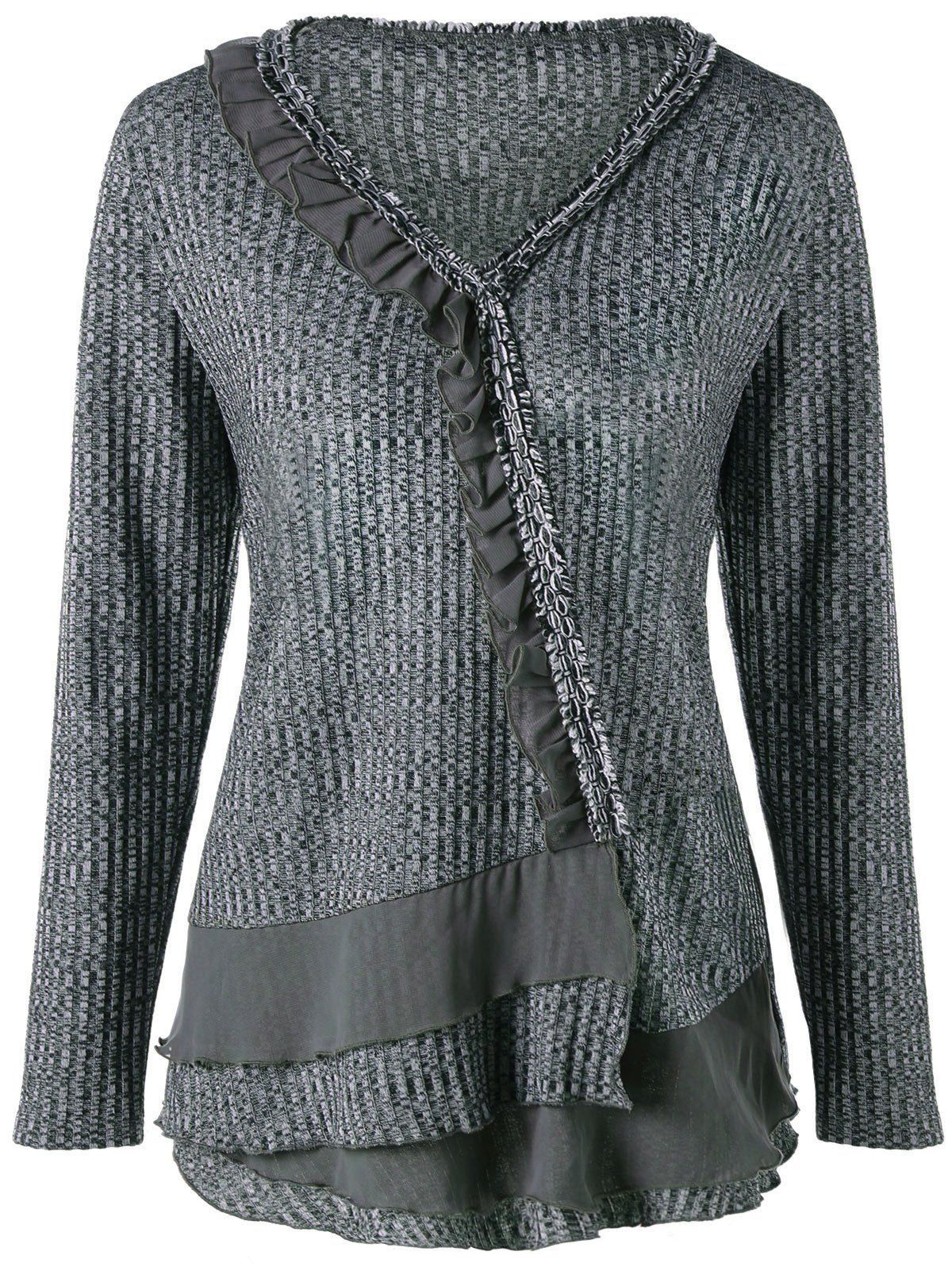 

Ruffle Plus Size V-neck Ribbed Sweater, Gray