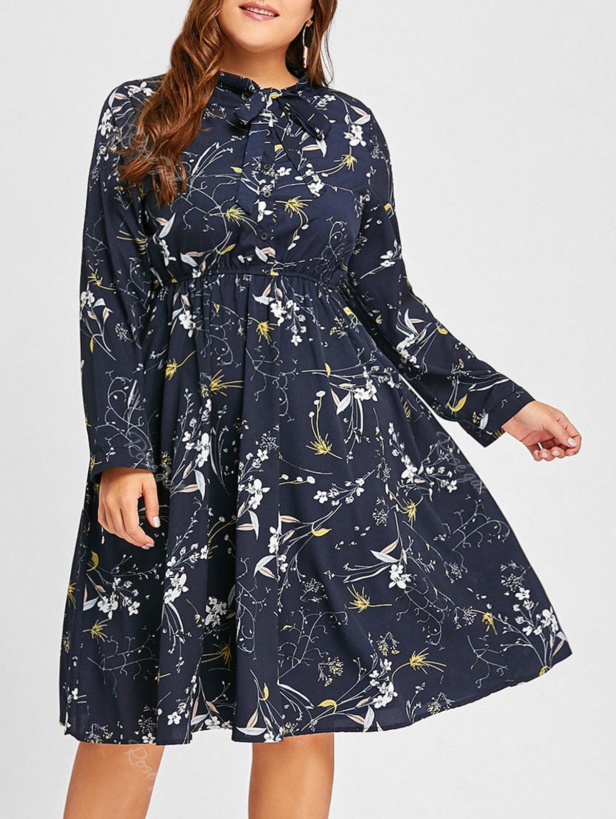 

Plus Size Bowknot Floral Print Dress, Purplish blue