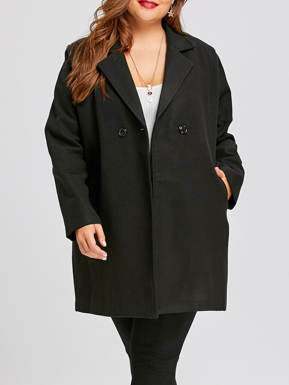 

Long Plus Size Lapel Double Breasted Coat, Black