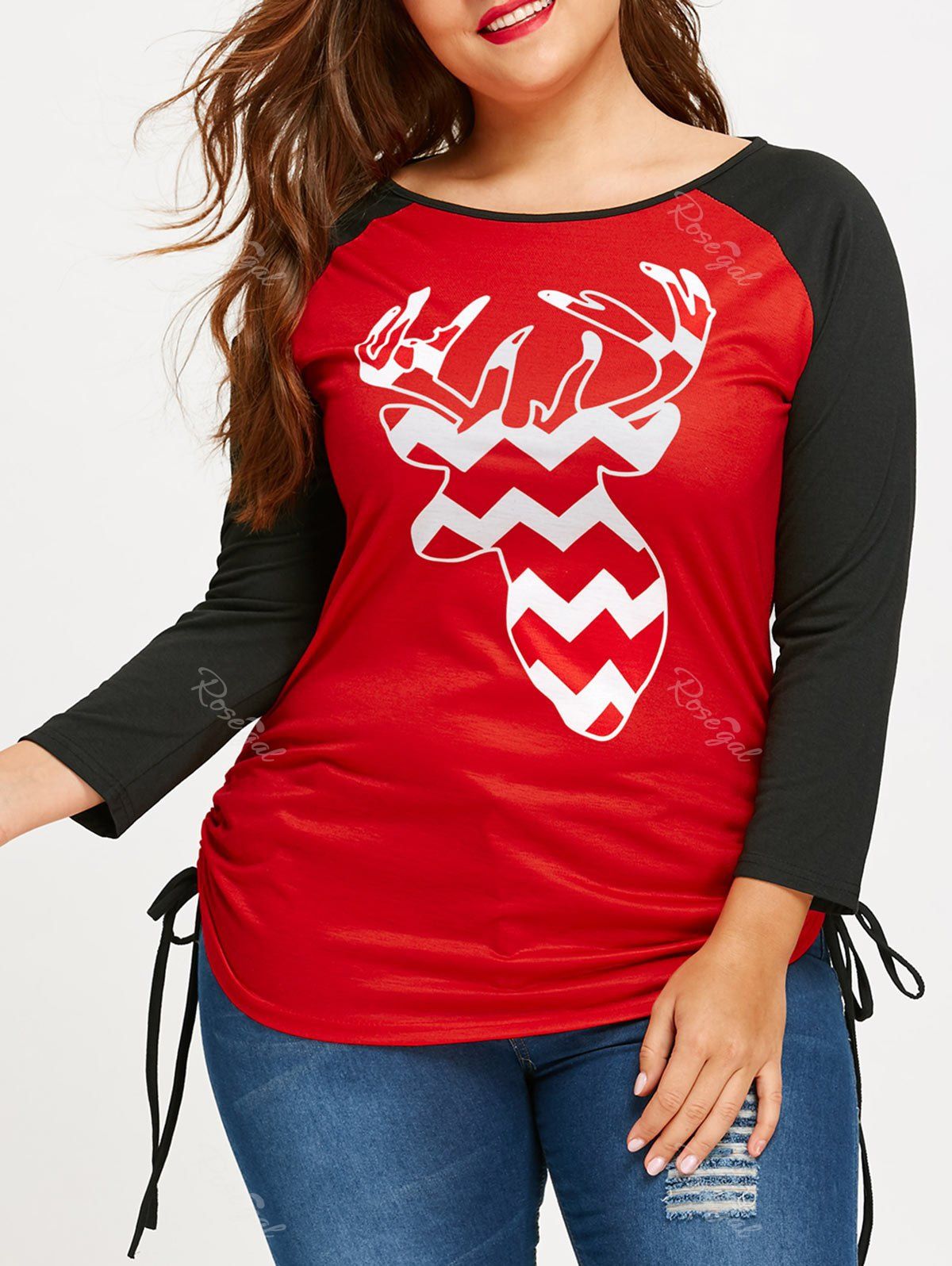 

Plus Size Christmas Deer Print Raglan Sleeve Drawstring Tee, Red