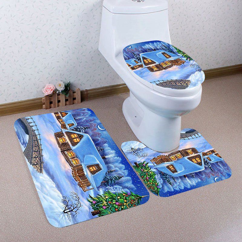 

Christmas Snowscape Patterned Bath Toilet Mat Set, Blue