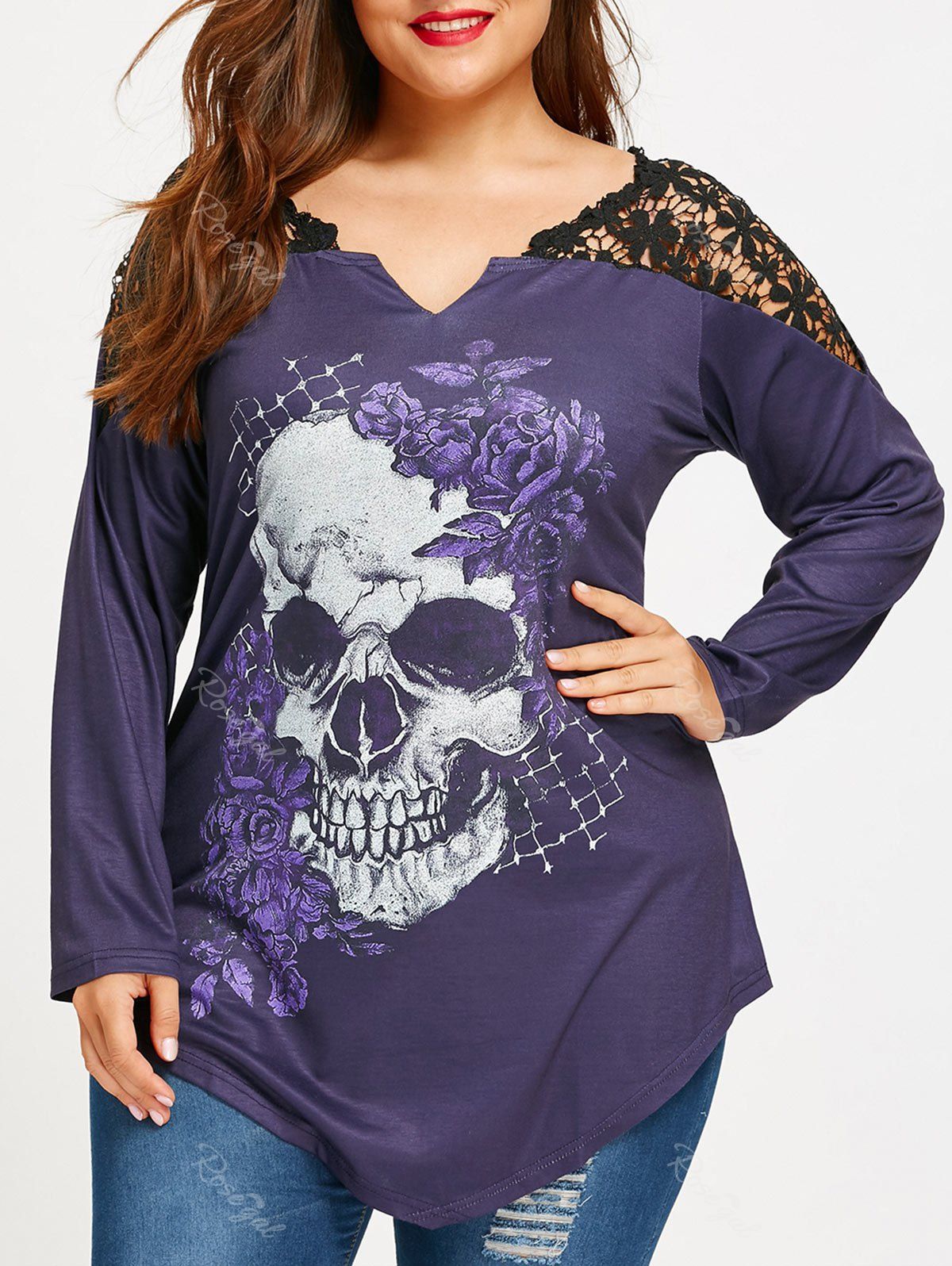 

Plus Size Skull Print Lace Insert Asymmetric Top, Purple