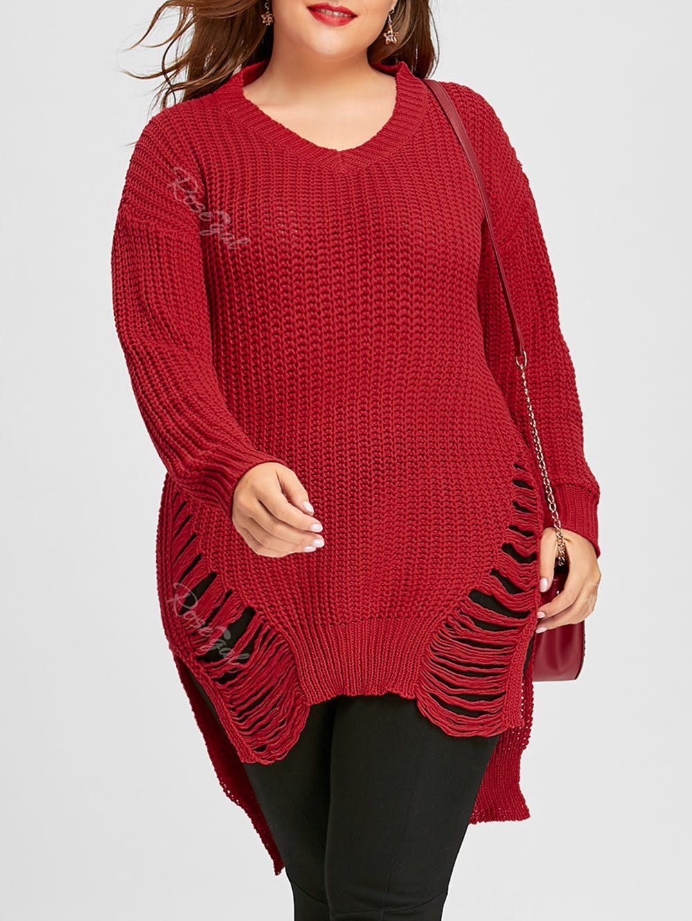 [20% OFF] Plus Size High Low Chunky Knit Ripped Tunic Sweater | Rosegal
