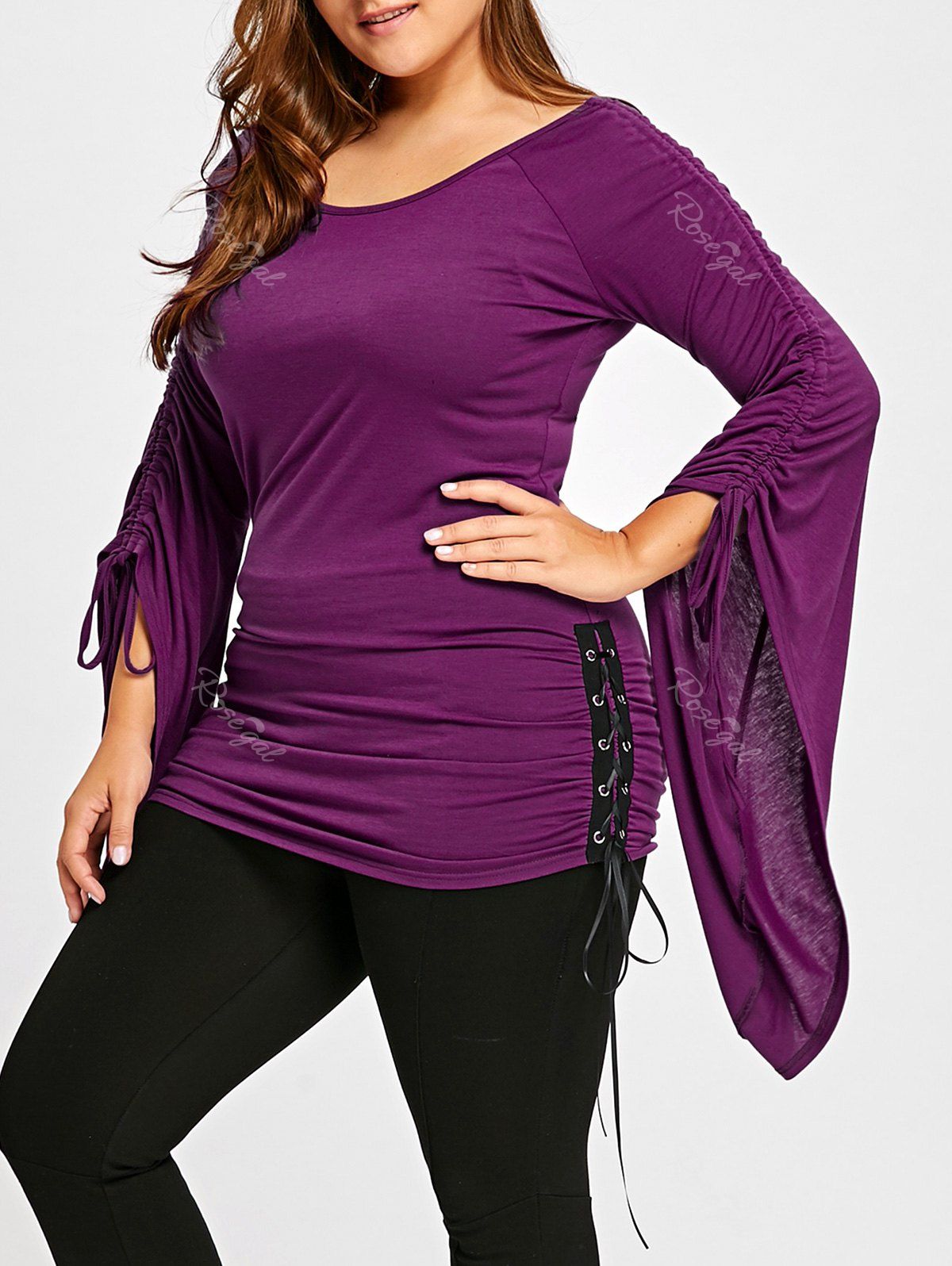 

Plus Size Flare Sleeve Ruched Top, Purple