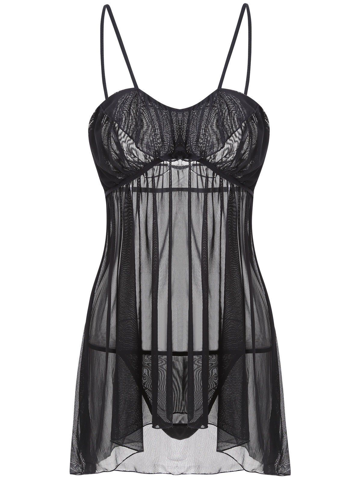 

Flounce Mesh Sheer Slip Babydoll, Black