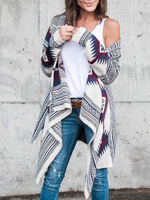 

Asymmetric Geometric Long Sleeves Cardigan, Colormix