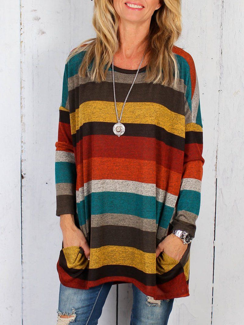 

Striped Pattern Drop Shoulder Tunic Top, Colormix