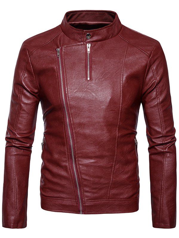 

Oblique Zipper PU Leather Jacket, Red