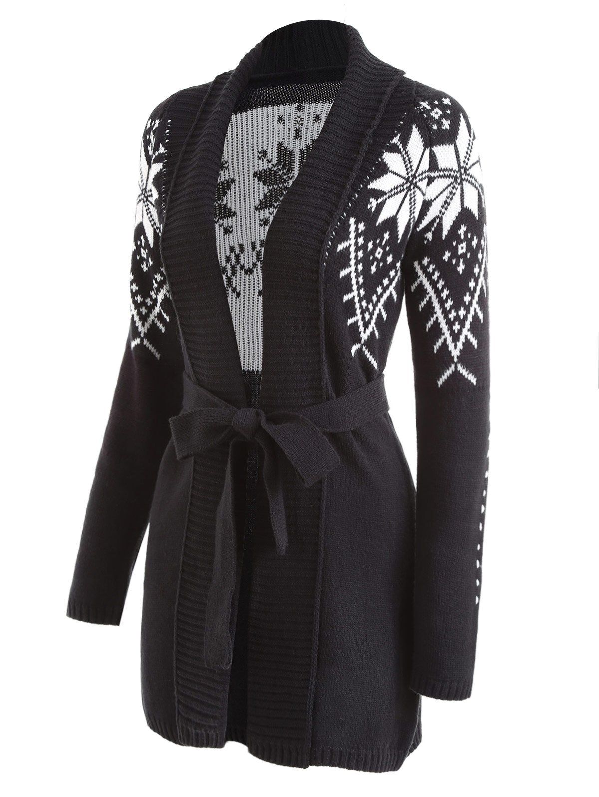 

Snowflake Jacquard Shawl Collar Wrap Cardigan, Black