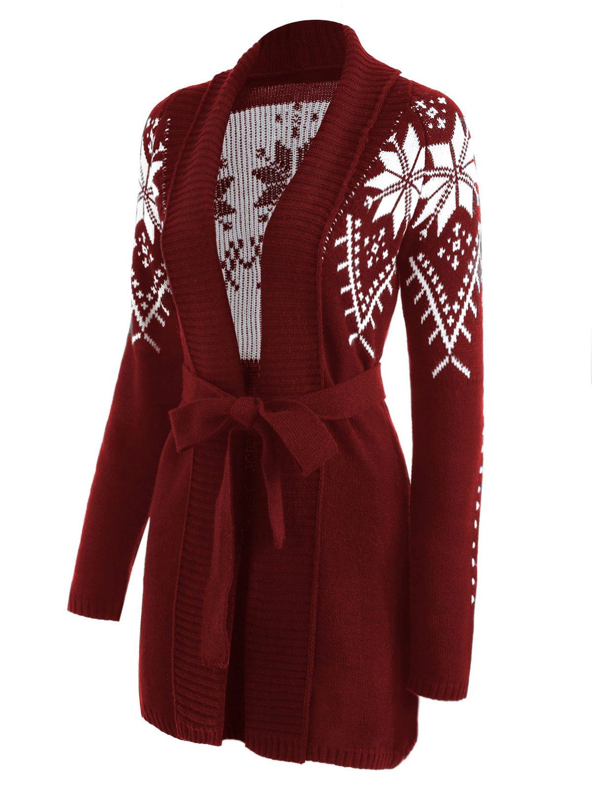 

Snowflake Jacquard Shawl Collar Wrap Cardigan, Wine red