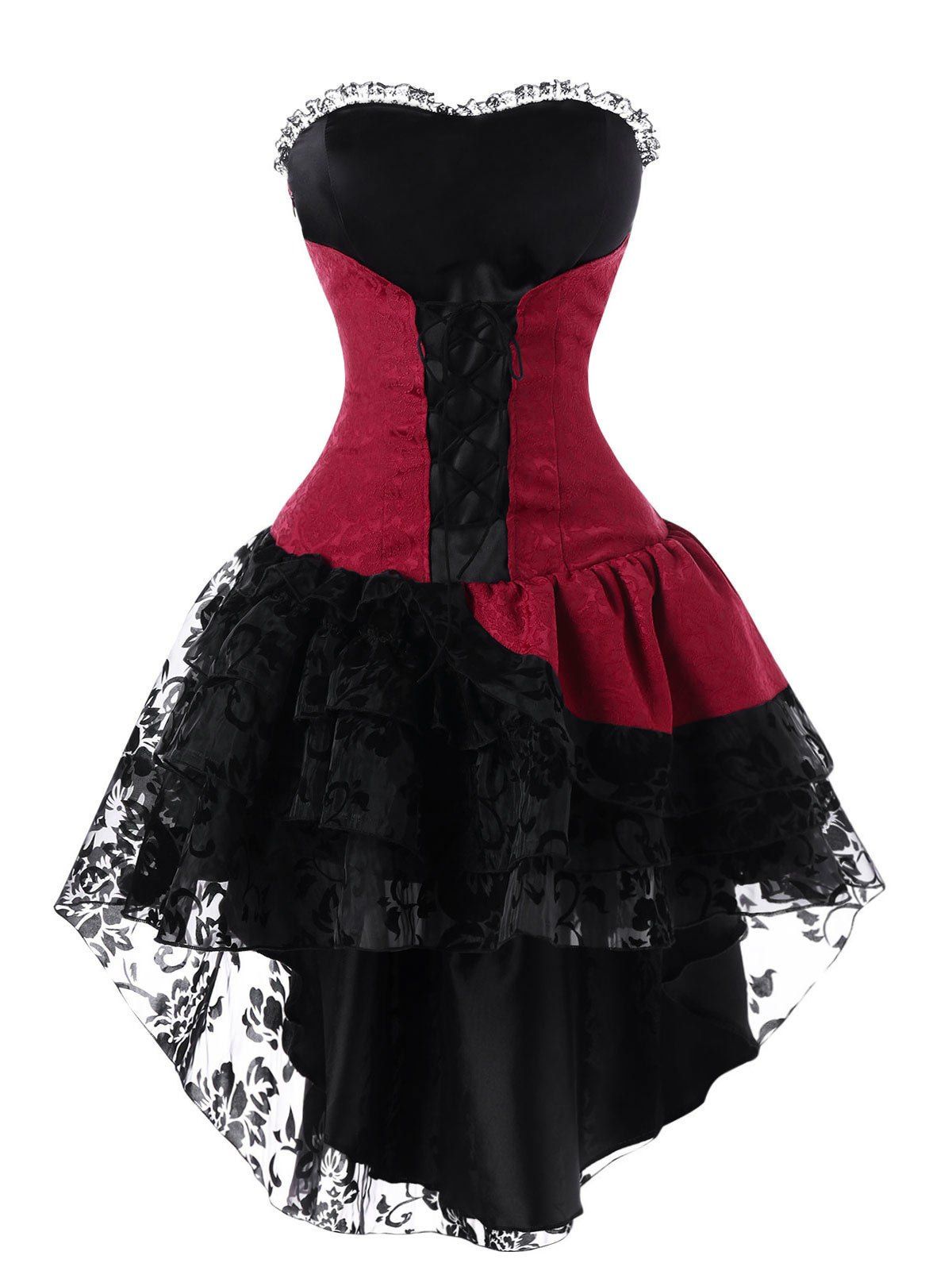 

Lace Up Layered High Low Strapless Corset Dress, Red with black