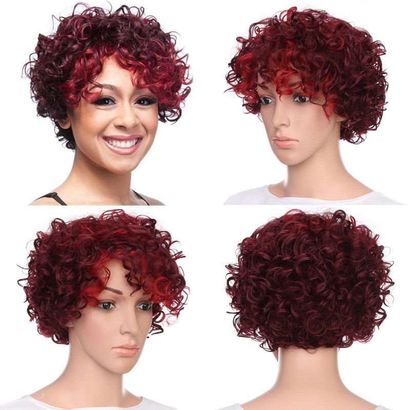 

Short Side Bang Fluffy Curly Highlighted Synthetic Wig, Bordeaux