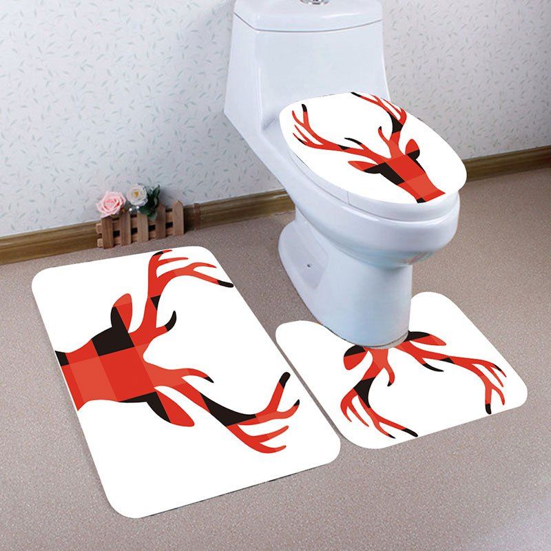 

Nonslip Christmas Elk Head Printed 3Pcs Bath Toilet Mats Set, Red with white